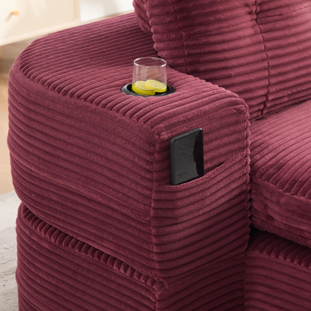 Poltrona trasformabile 2 in 1 in velluto a coste rosso vino con portabicchieri