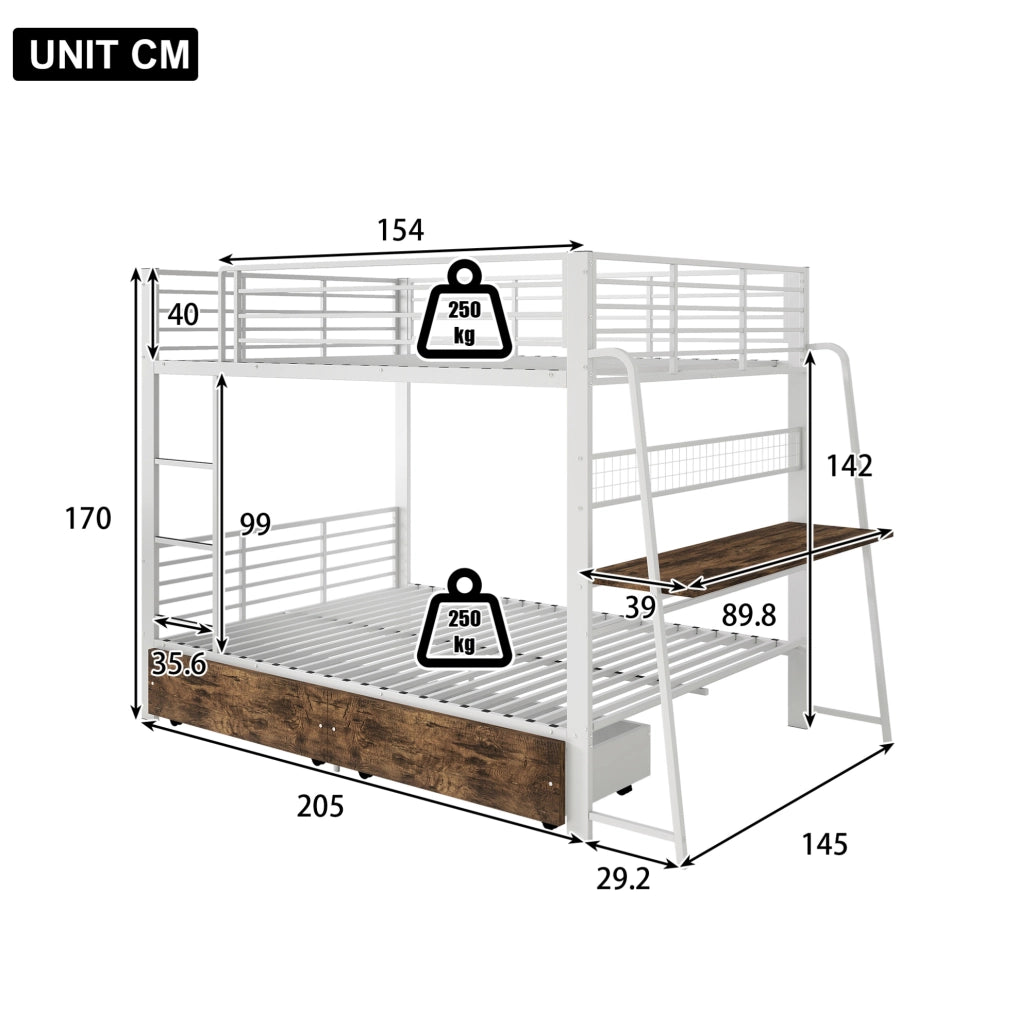 Letti a soppalco per bambini 140x200 cm; con scrivania; USB; LED e cassetti; in metallo; bianco; senza materasso