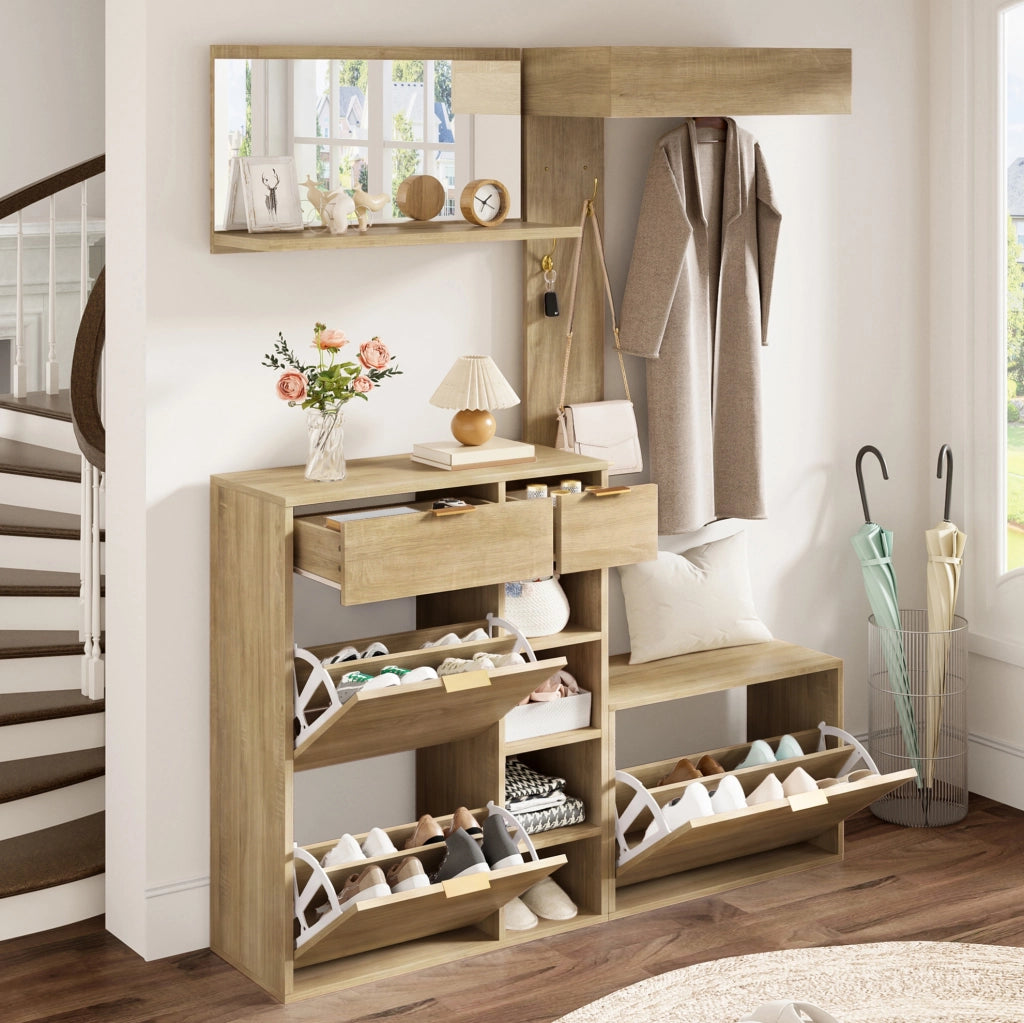 Set ingresso 4 elementi con scarpiera, panca, specchio e appendiabiti 130 x 30 x 174 cm
