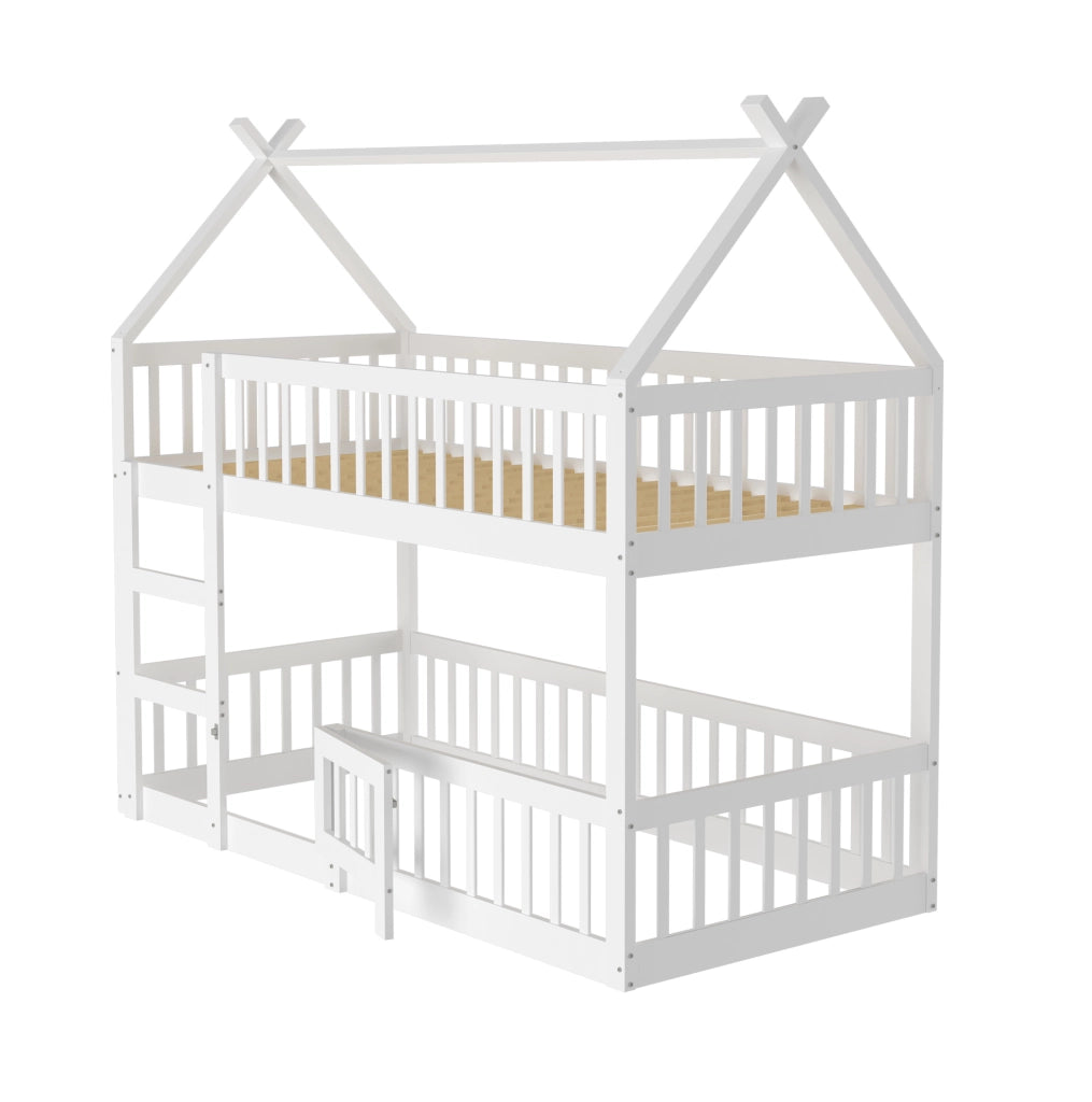 Letto a Castello per Bambini 90x200 cm in Legno Massiccio Bianco con Scaletta e Design a Soppalco