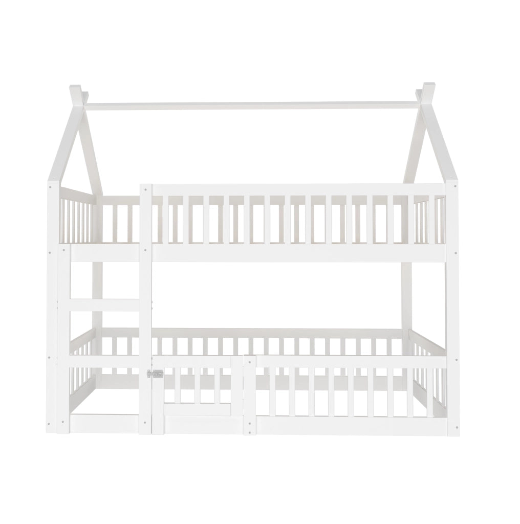 Letto a Castello per Bambini 90x200 cm in Legno Massiccio Bianco con Scaletta e Design a Soppalco