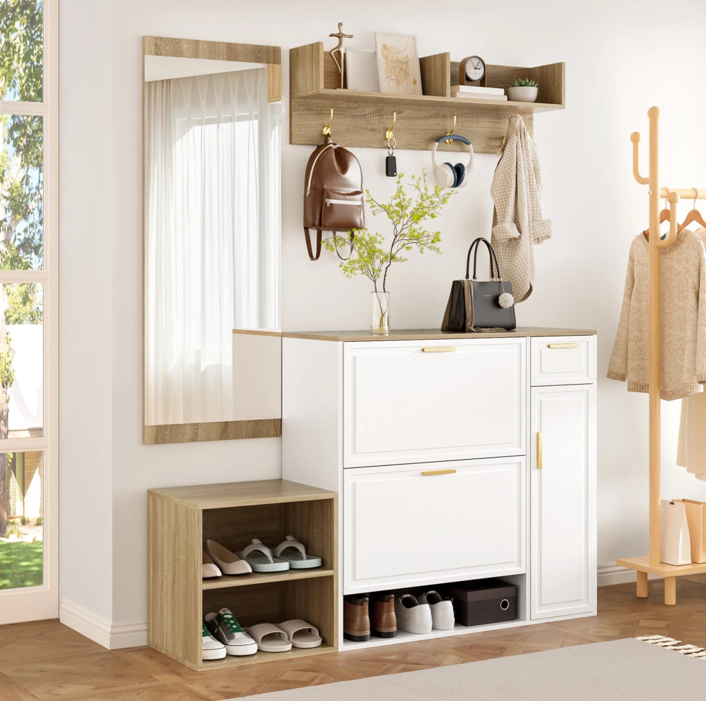 Set ingresso 4 pezzi con scarpiera, panca e specchio, bianco e naturale