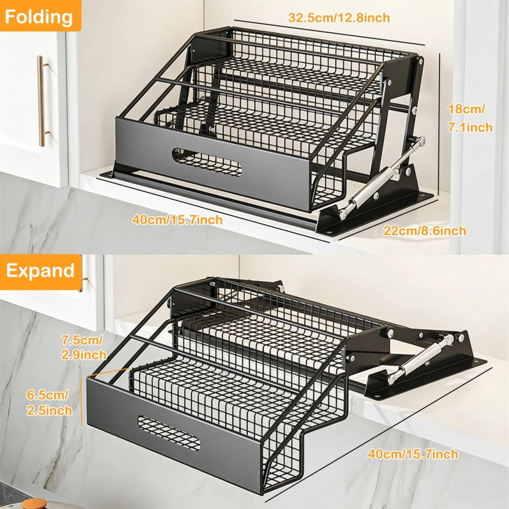 Scaffale per spezie, con 3 ripiani, estraibile, pieghevole, in metallo, colore nero