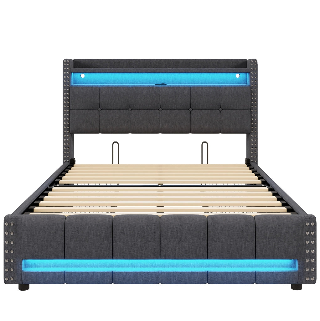Letto matrimoniale imbottito 160x200 cm grigio con LED, USB, ripiani e 4 cassetti