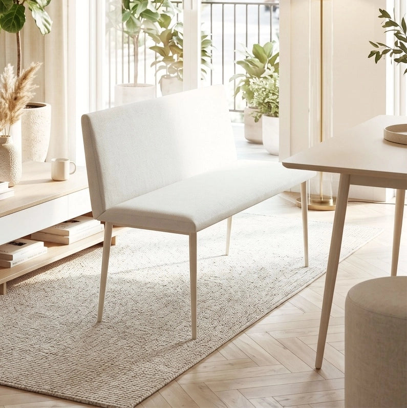 Panca da pranzo a 2 posti beige con schienale e gambe in metallo