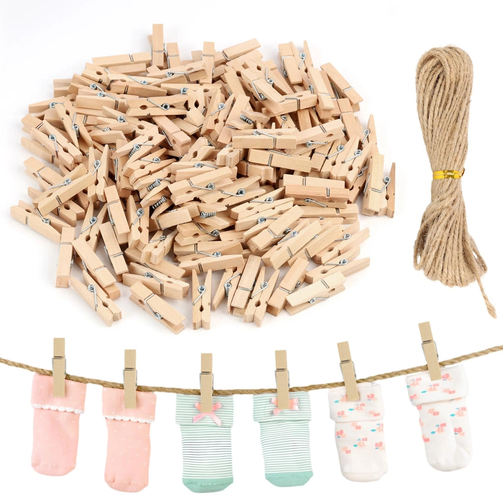 Piccole mollette in legno, 150 pezzi, 3,5 cm, con nastro di iuta da 10 metri