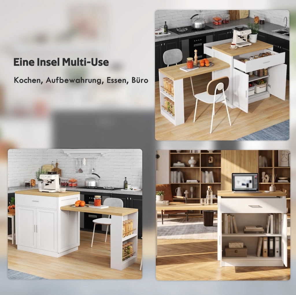 Isola cucina bianca con tavolo estraibile, prese USB e vani