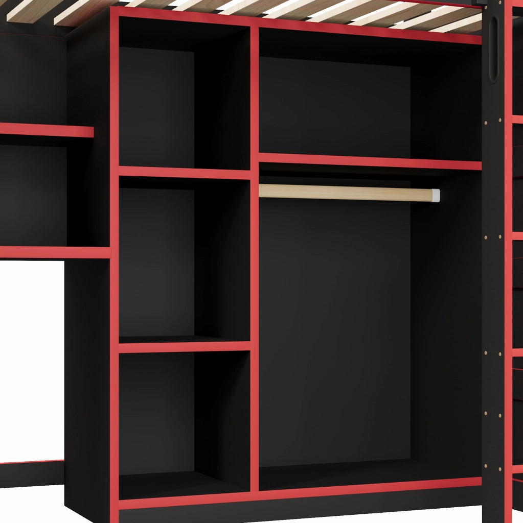 Letto a soppalco gaming 90x200 cm con scrivania e armadio, nero e rosso