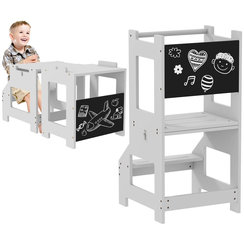 Torre di Apprendimento 3 in 1 per Bambini Torre di Osservazione Multifunzionale con Lavagna e Protezioni Grigio 42x44x86cm