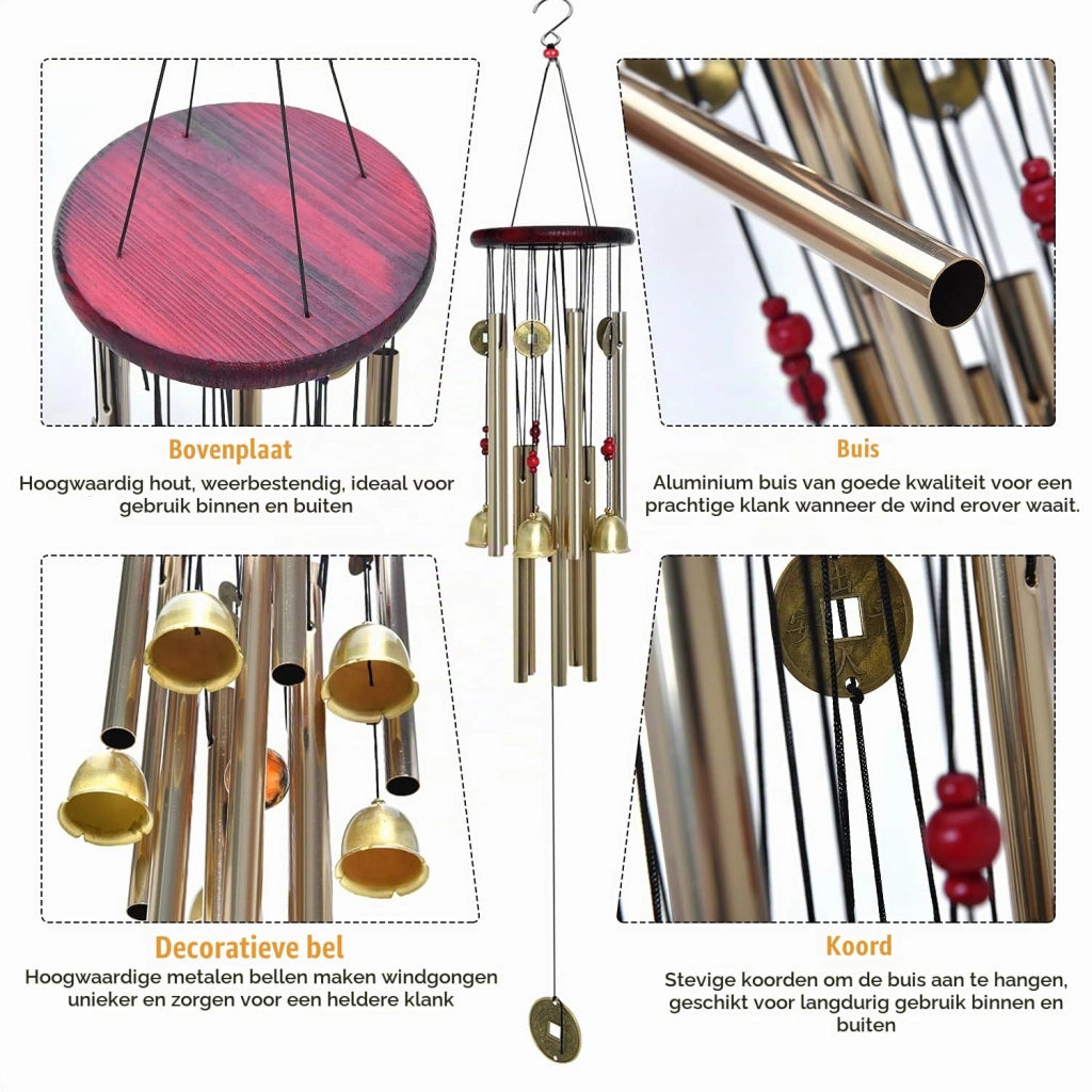 Carillon a vento tradizionale cinese con 10 tubi e 5 campane in bronzo, 85 cm, per giardino e esterno