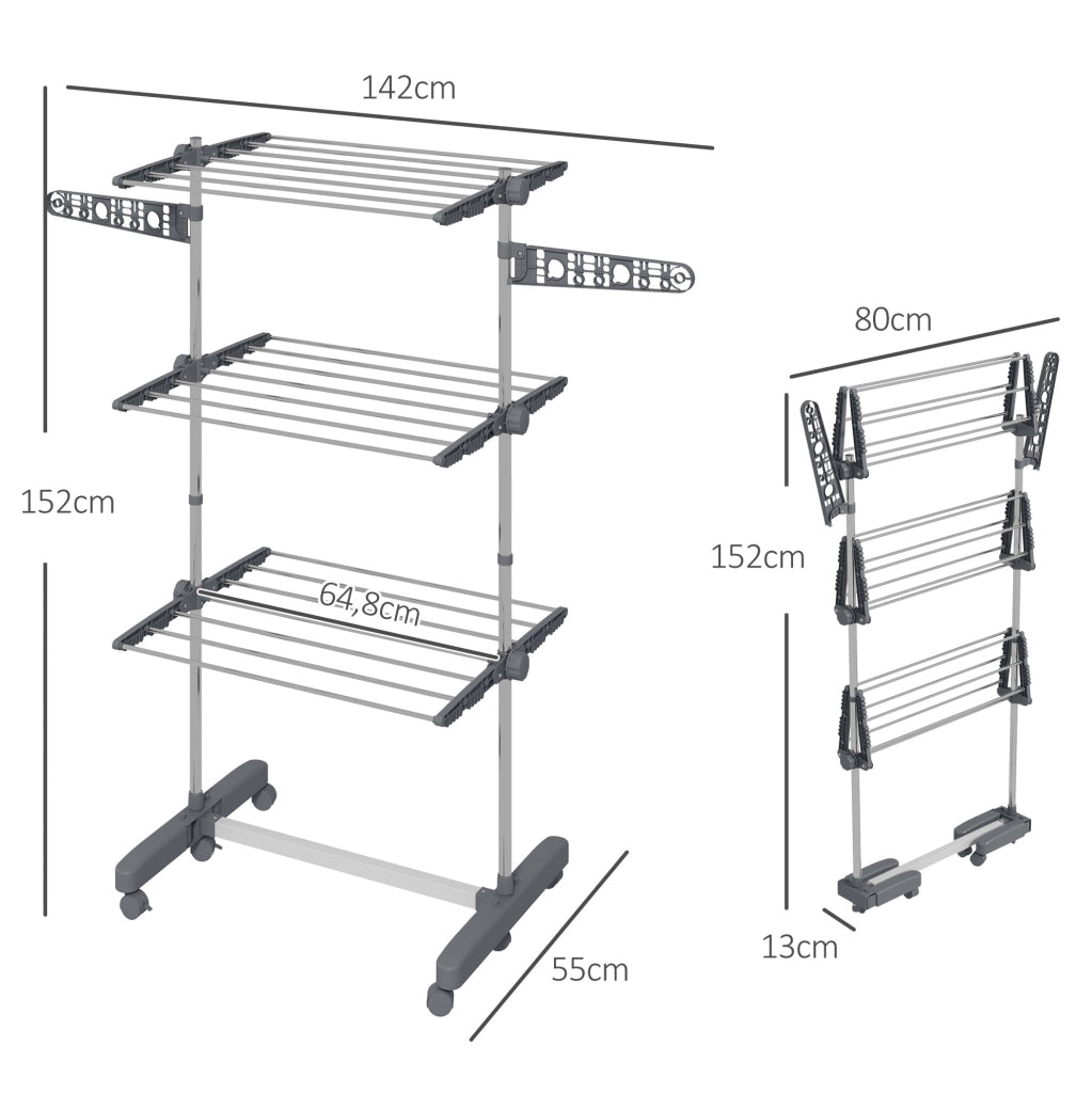Stendino pieghevole con ruote 142x55x152 cm acciaio grigio, 3 livelli