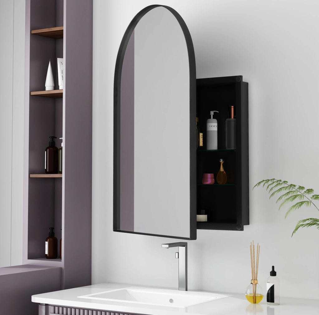 Mobile specchio ad arco 91x61x12 cm, metallo nero, da parete o a incasso