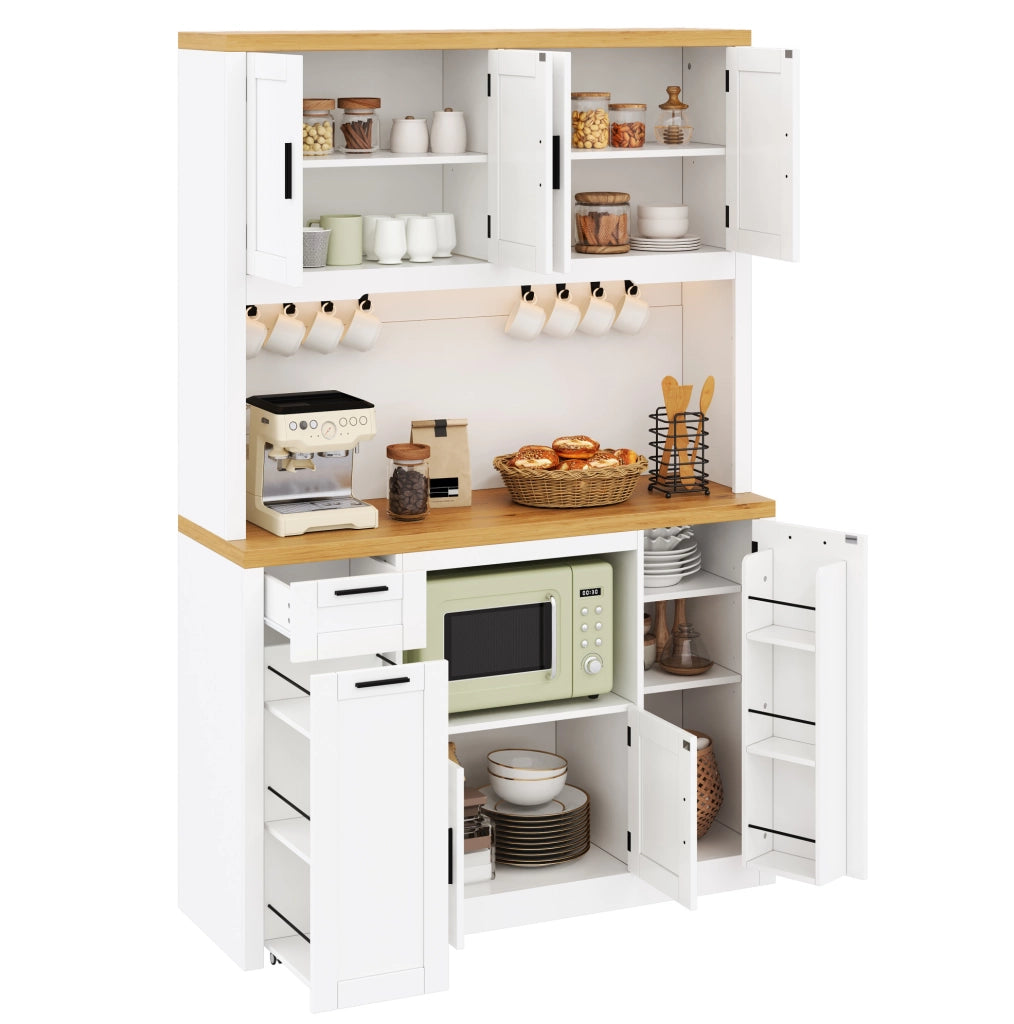Mobile dispensa da cucina bianco e naturale con LED, prese e ripiani regolabili