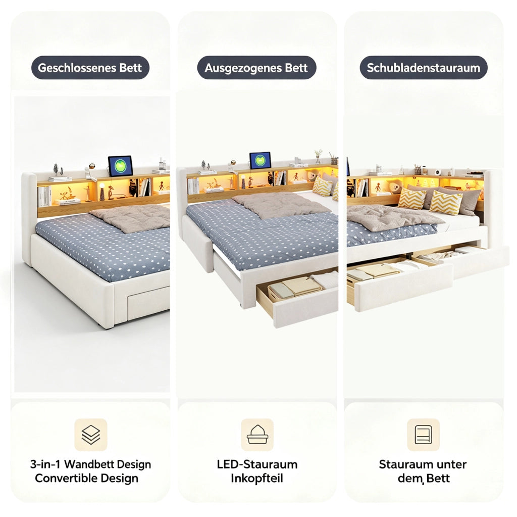 Divano letto estraibile 90x200 cm con LED, prese e cassetti