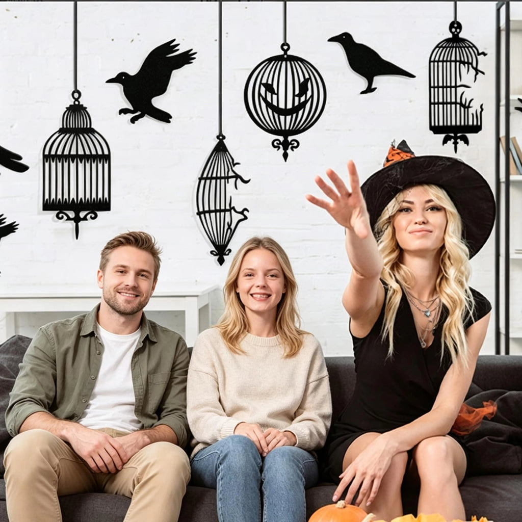 Set di decorazioni a tema Halloween da appendere, composto da 24 pezzi, con corvi neri e gabbie