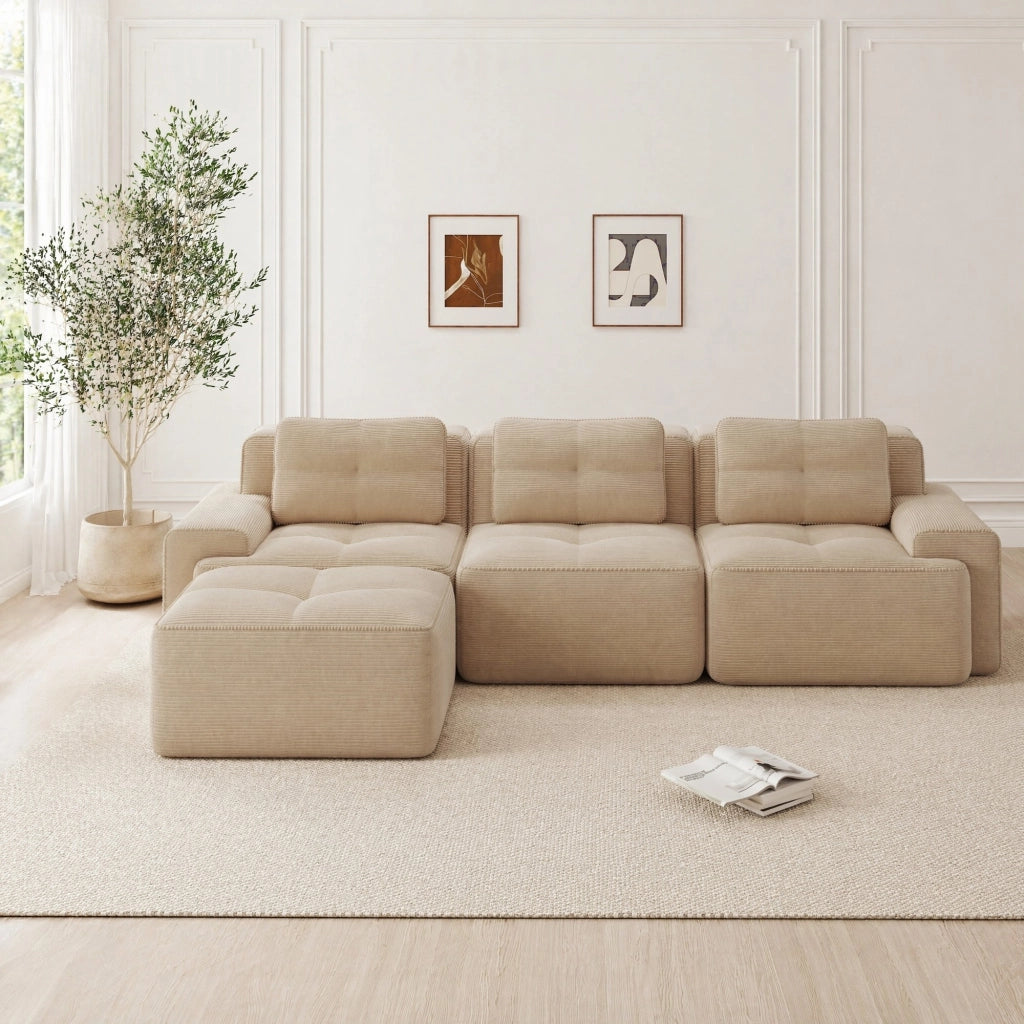 Divano modulare beige in velluto a coste con seduta profonda