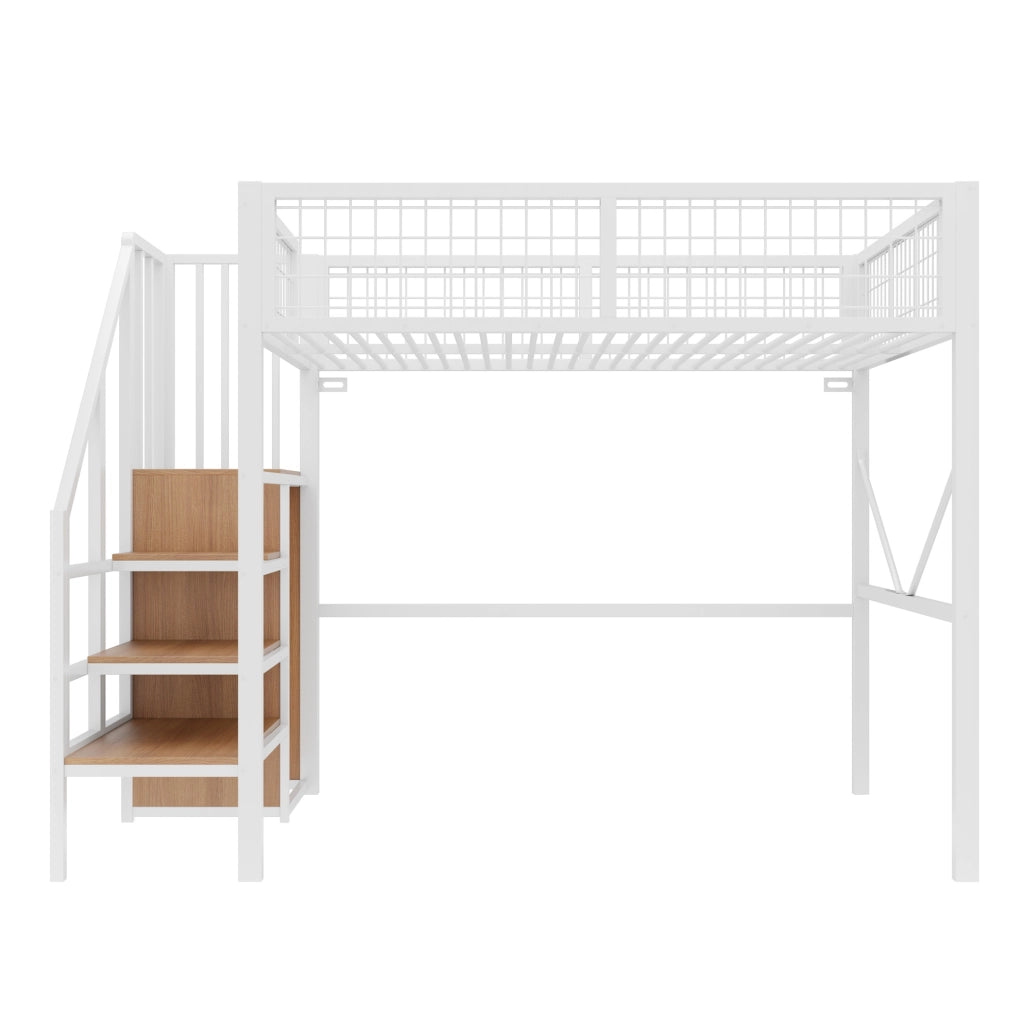 Letto a soppalco 140 x 200 cm bianco con scala contenitore e LED