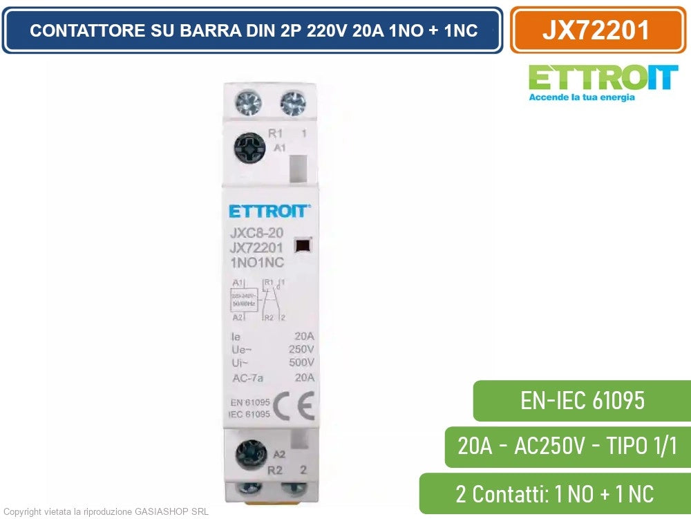 ETTROIT -  CONTATTORE MODULARE SU BARRA DIN 2P BIPOLARE  220V 20A 1 CONTATTO APERTO NO + 1 CONTATTO CHIUSO NC TIPO 11