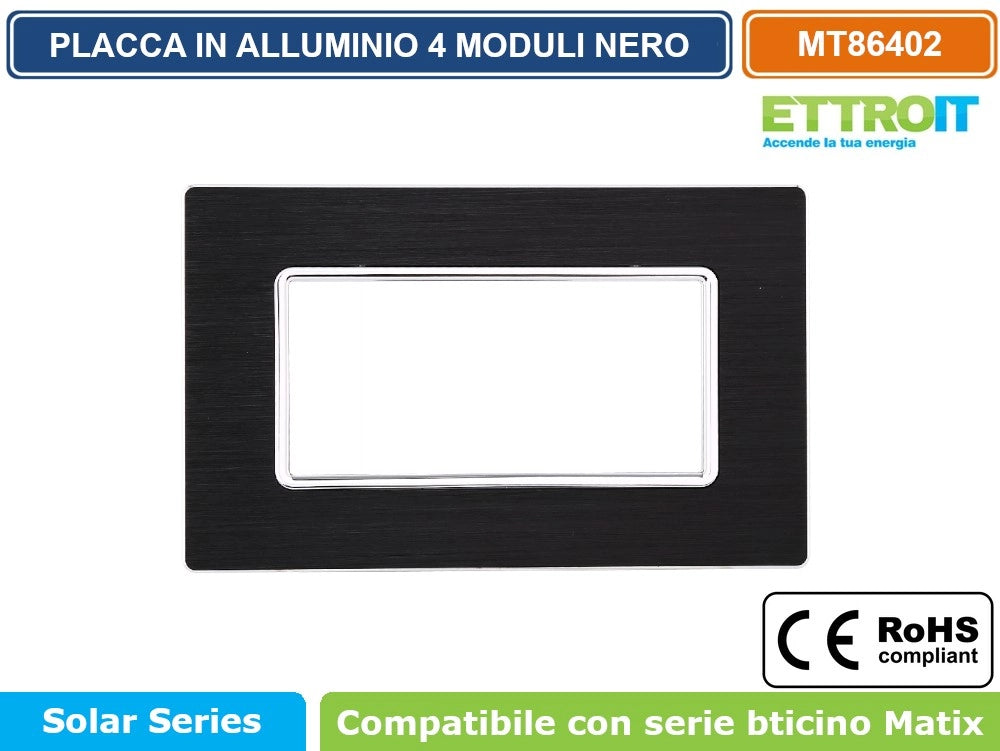 ETTROIT PLACCA IN ALLUMINIO DI COLORE NERO COMPATIBILE CON SERIE BTICINO MATIX - Numero Moduli:3 Moduli