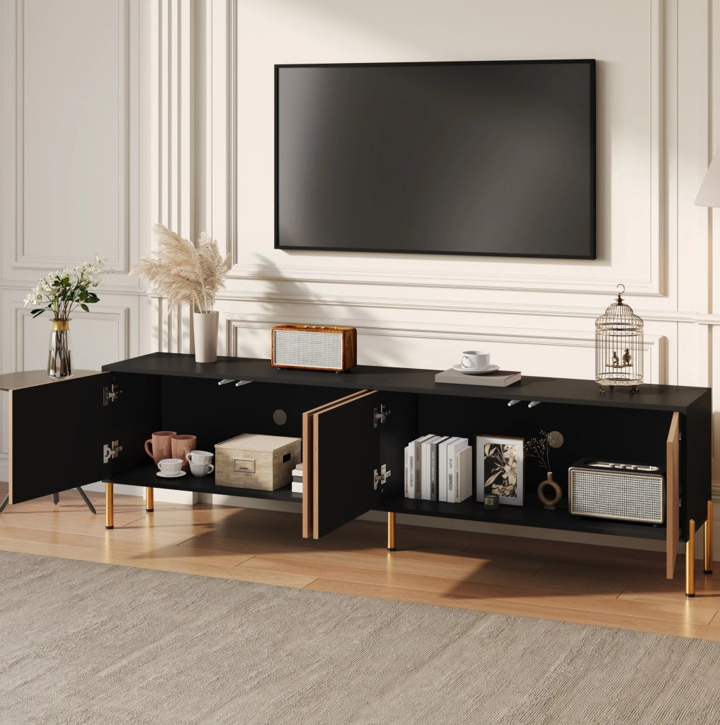 Mobile TV moderno nero e naturale 179x35x53,5 cm con gambe oro e design minimalista