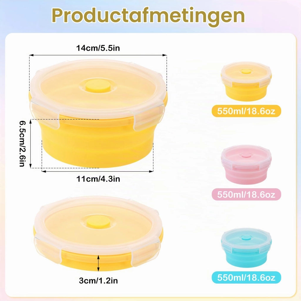 Contenitori per il pranzo in silicone pieghevoli, set da 3, capacità 550 ml, forma rotonda, ideali per campeggio e viaggi
