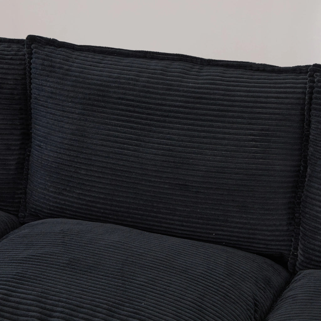 Divano modulare 2 posti ULEVR 190x132x84 cm con 2 pouf, porta USB-C e tasche laterali, velluto a coste nero