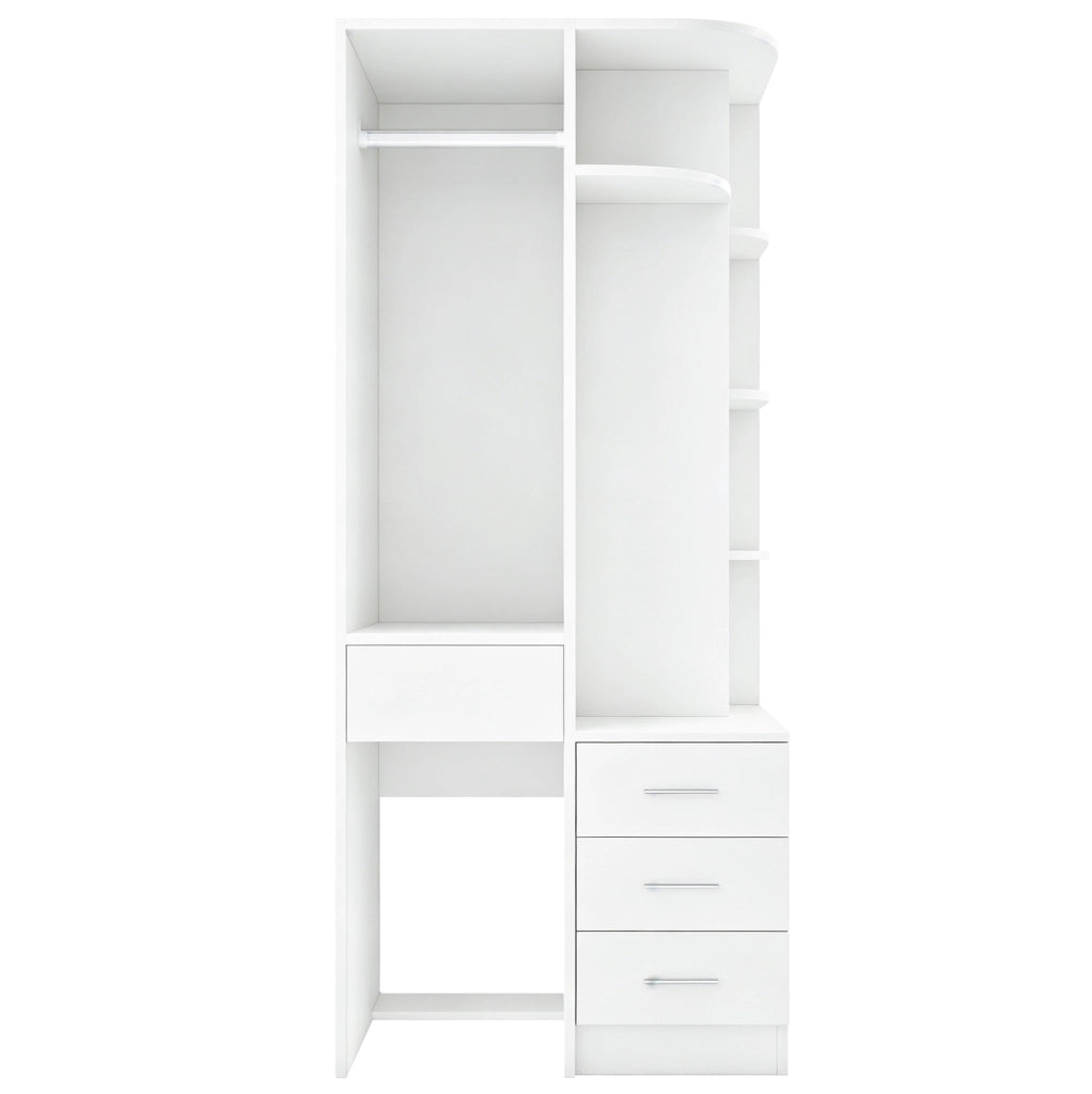 Armadio bianco e color legno con ripiani, appendiabiti e cassetti