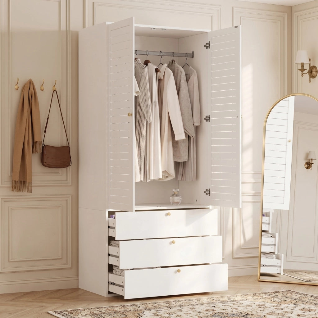 Armadio 2 ante 90x50x200 cm con 3 cassetti e appendiabiti in truciolare bianco