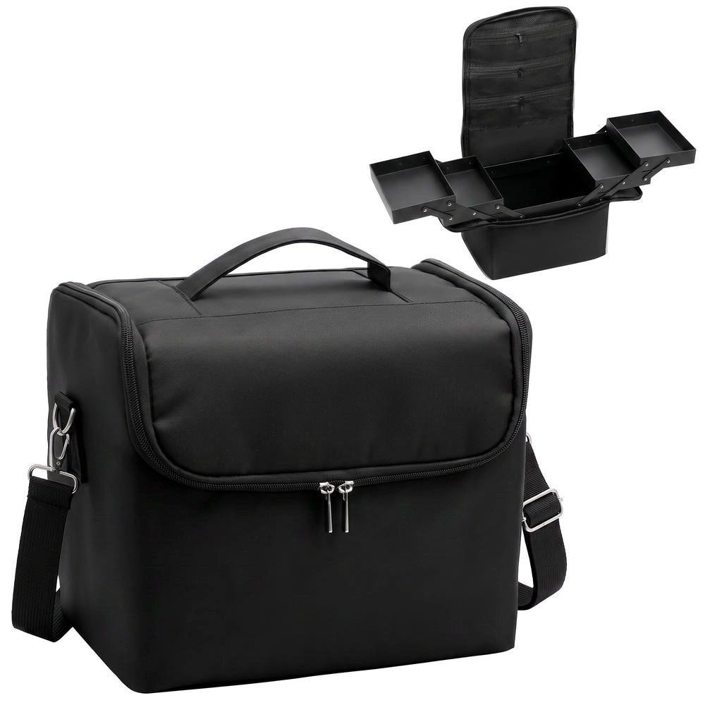 Valigetta Porta Trucchi con 4 Contenitori Rimovibili, Beauty Case da Trucco con Tracolla e Maniglia, Salvaspazio e Portatile, Nero