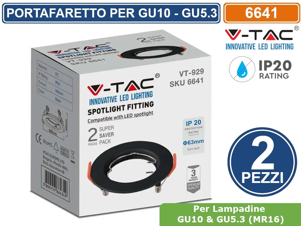 V-TAC VT-929 2 PORTAFARETTI FISSI ROTONDI DA INCASSO NERI PER LAMPADINE GU10 E GU5.3 - SKU 6641