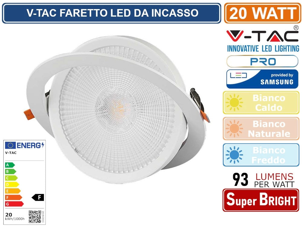 V-TAC PRO VT-2-20 FARETTO LED DA INCASSO ROTONDO 20W COB CHIP SAMSUNG - Colore Luce:Bianco Naturale