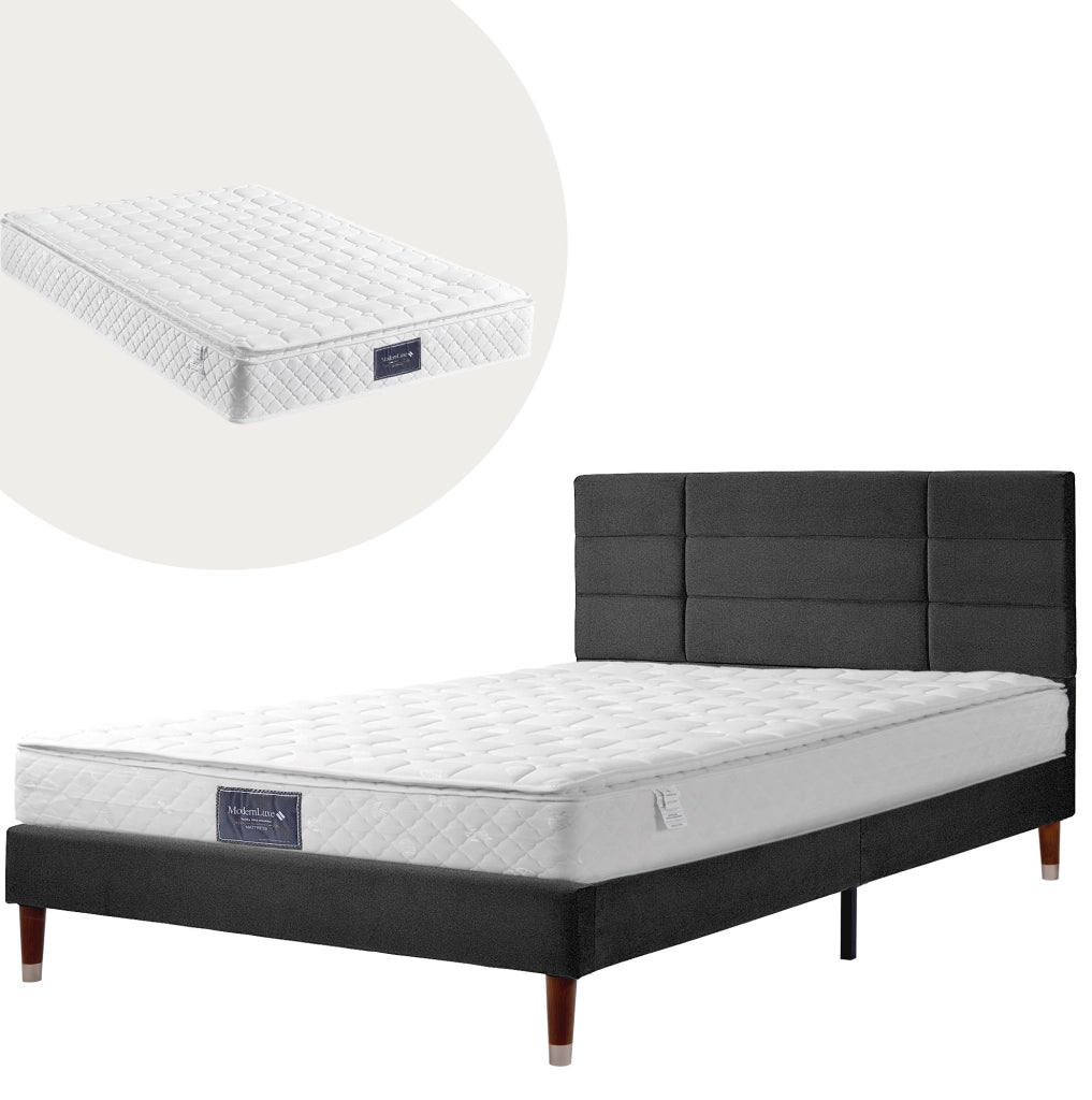 Letto matrimoniale imbottito in lino nero 140x200 cm con rete a doghe e materasso a molle