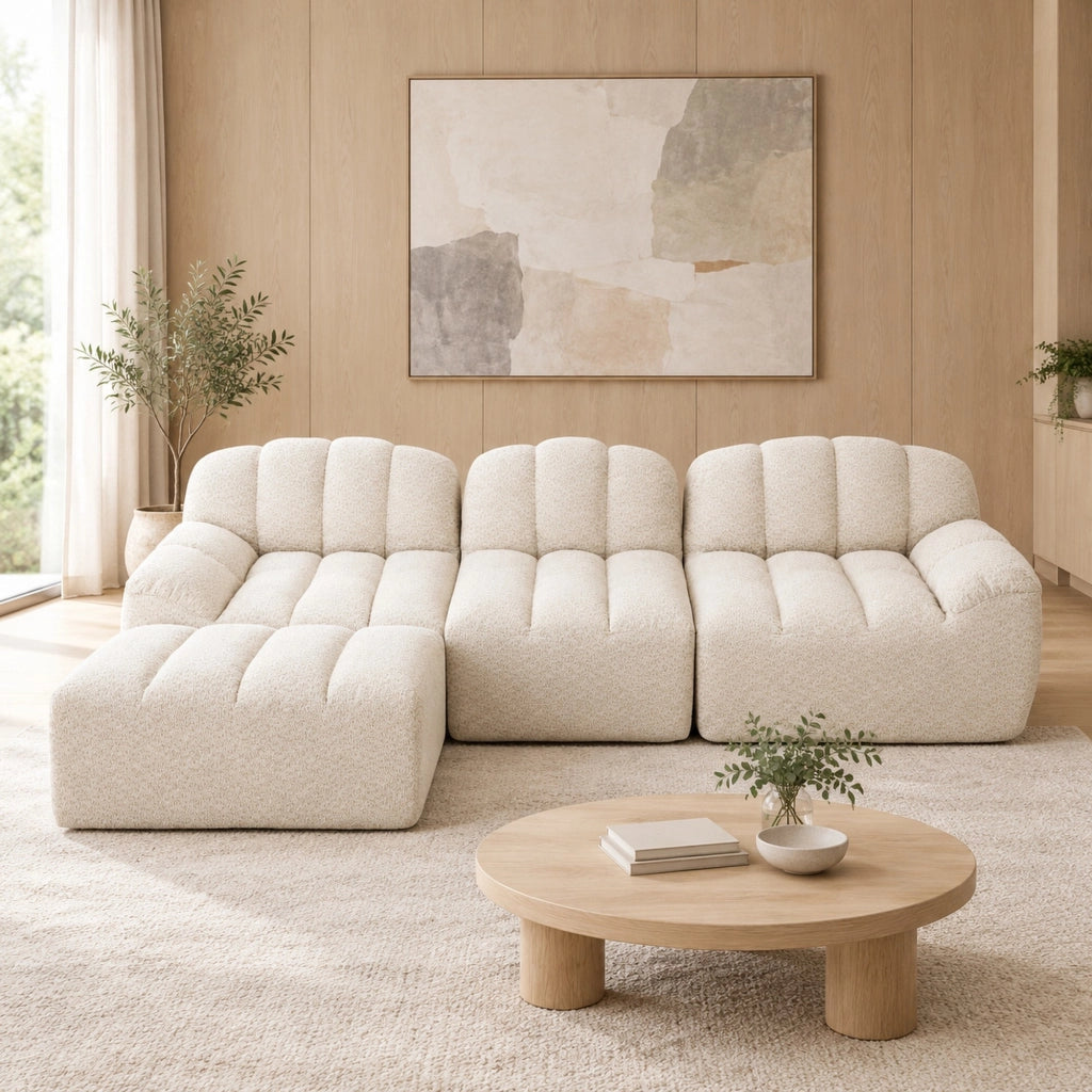 DIVANO angolare modulare 3 posti con pouf 288x165x79 cm beige e bianco