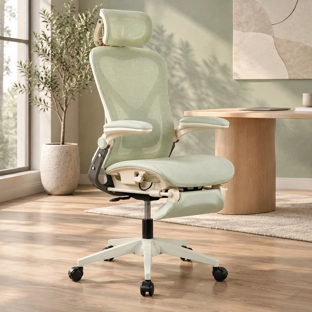 Sedia da ufficio pieghevole verde in rete con poggiatesta 3D e supporto lombare