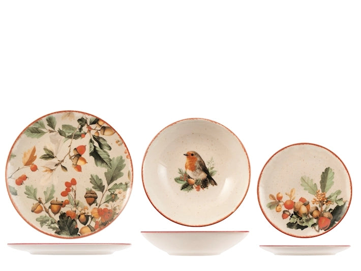 Servizio Piatti Crimson Leaves 18 Pezzi in Stoneware – Set Tavola per 6 Persone con Piatti Piani, Fondi e Dessert, Design Coupe Elegante e Decorativo H&H