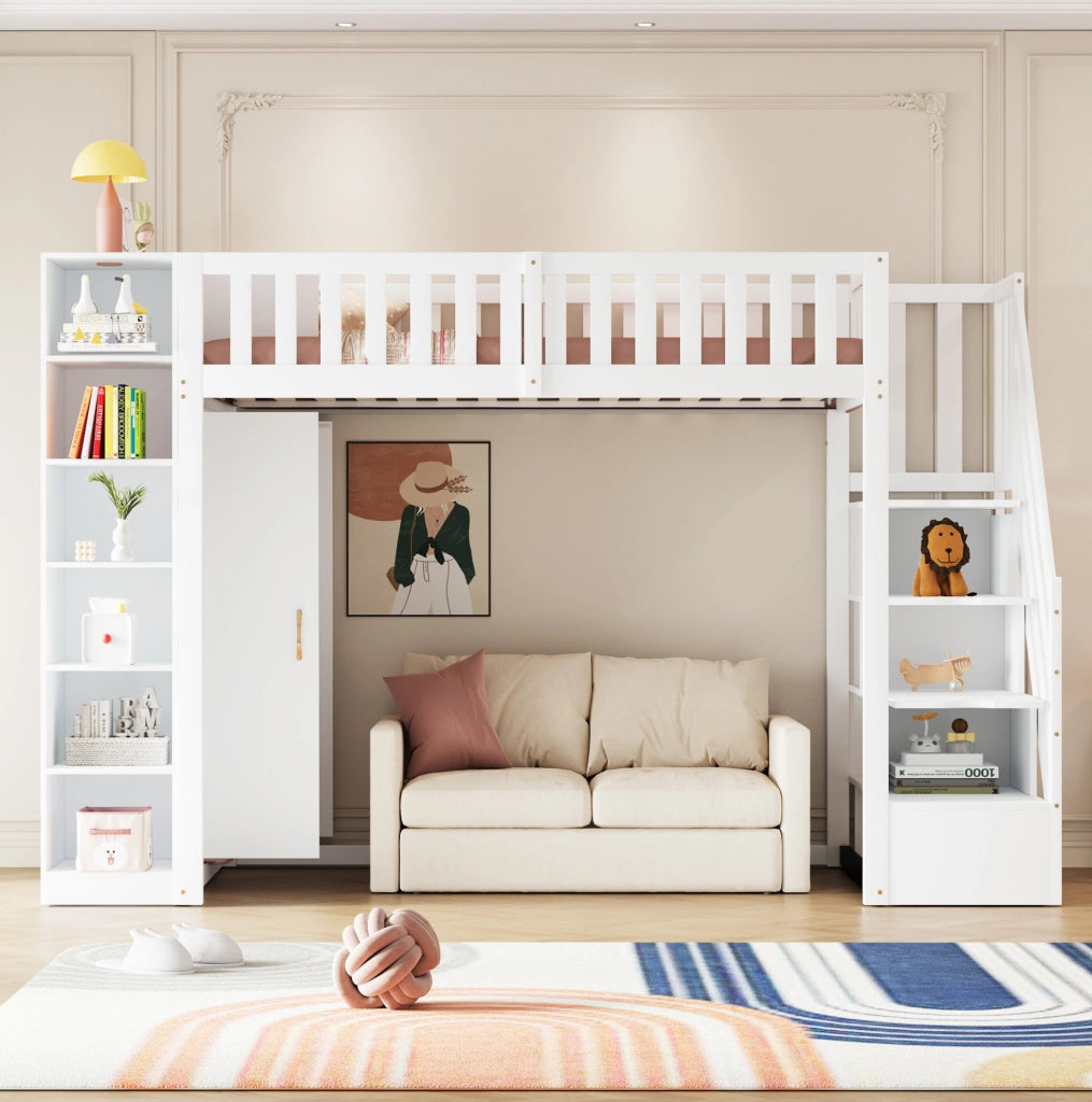 Letto a soppalco multifunzionale 90x200 cm con scala di sicurezza, armadio ampio e scaffali, bianco