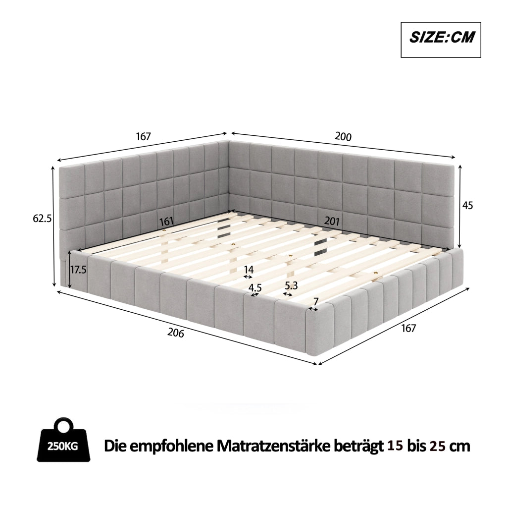 Divano letto imbottito in velluto grigio 160x200 con rete a doghe per camera da letto