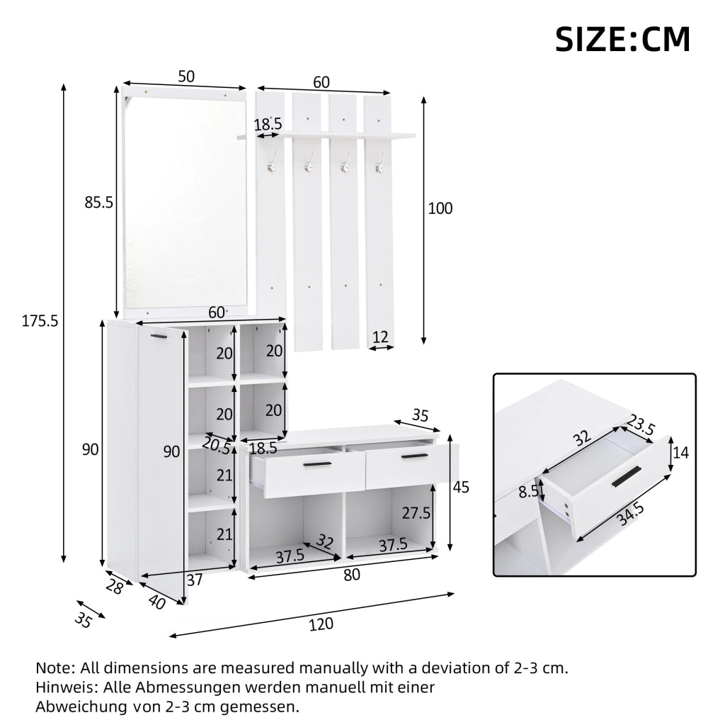 guardaroba ingresso 120x35x175,5 cm in MDF bianco con specchio e 2 cassetti