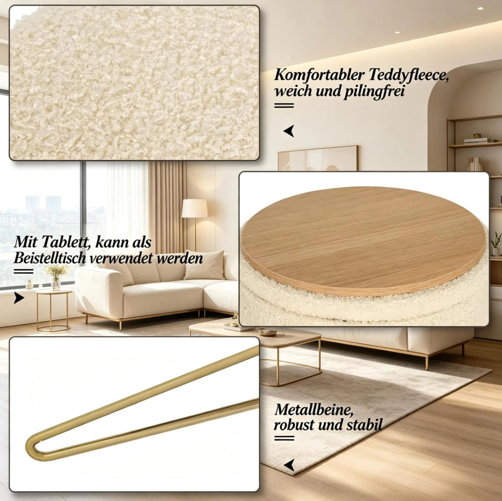 Pouf contenitore rotondo beige con seduta imbottita e coperchio a vassoio