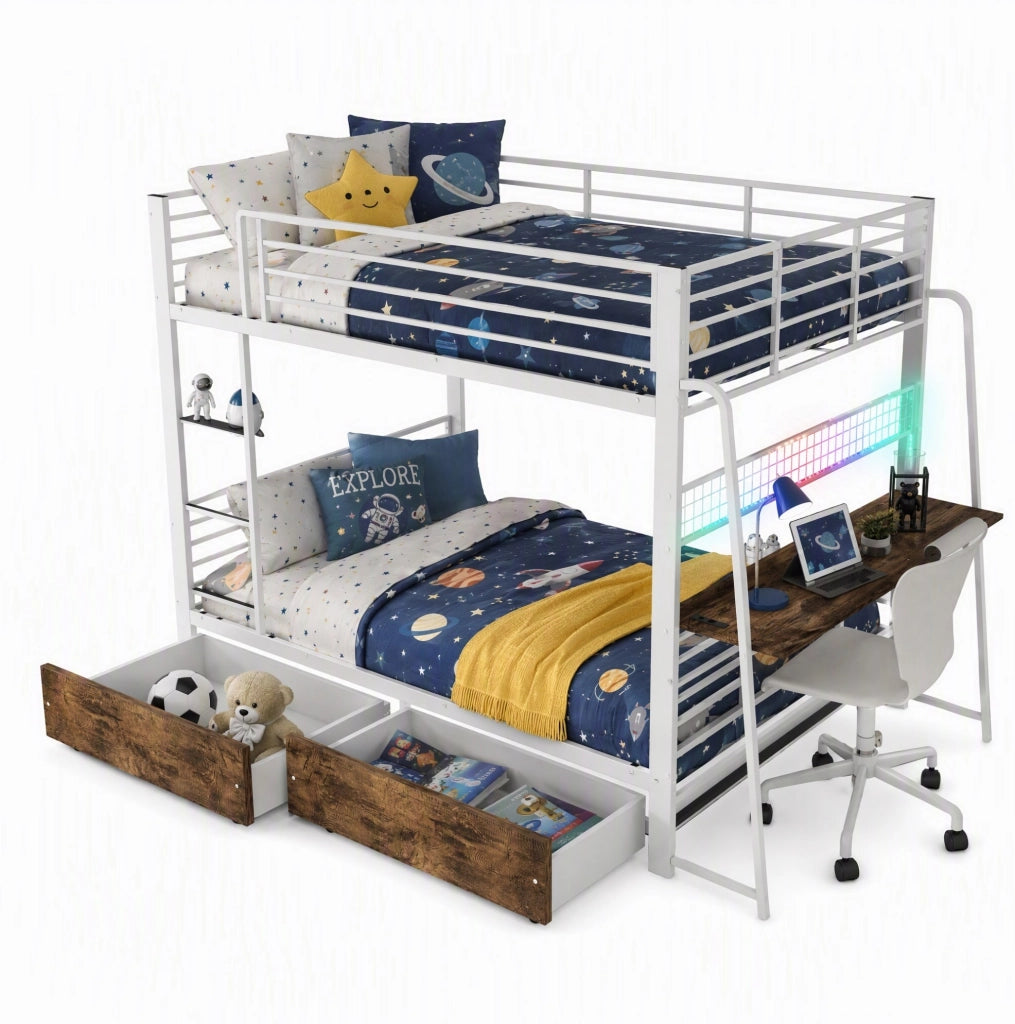 Letti a soppalco per bambini 140x200 cm; con scrivania; USB; LED e cassetti; in metallo; bianco; senza materasso