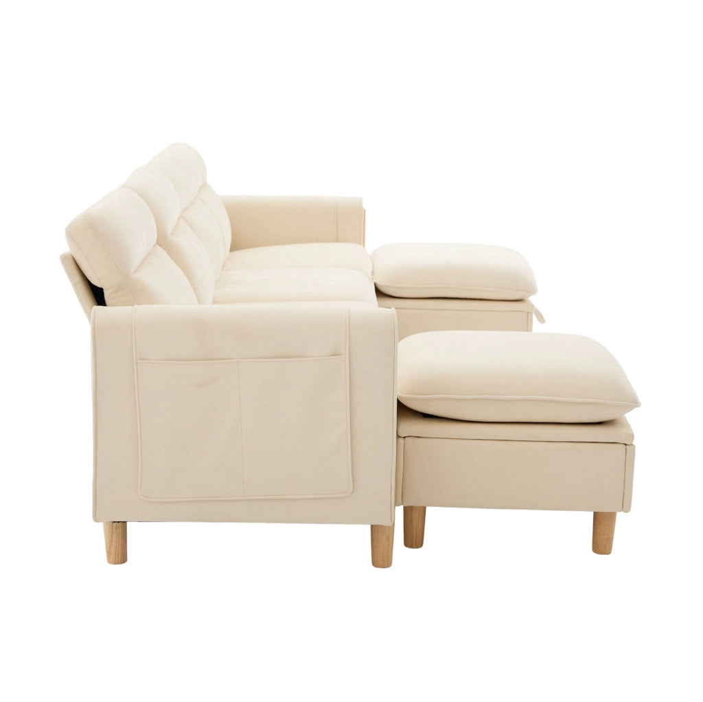 Divano modulare a 4 posti in ciniglia beige con 2 pouf contenitore