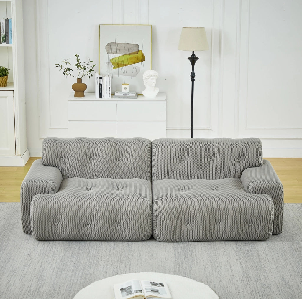 Divano 2 posti 224x104x66 cm in tessuto grigio, stile cloud, senza montaggio