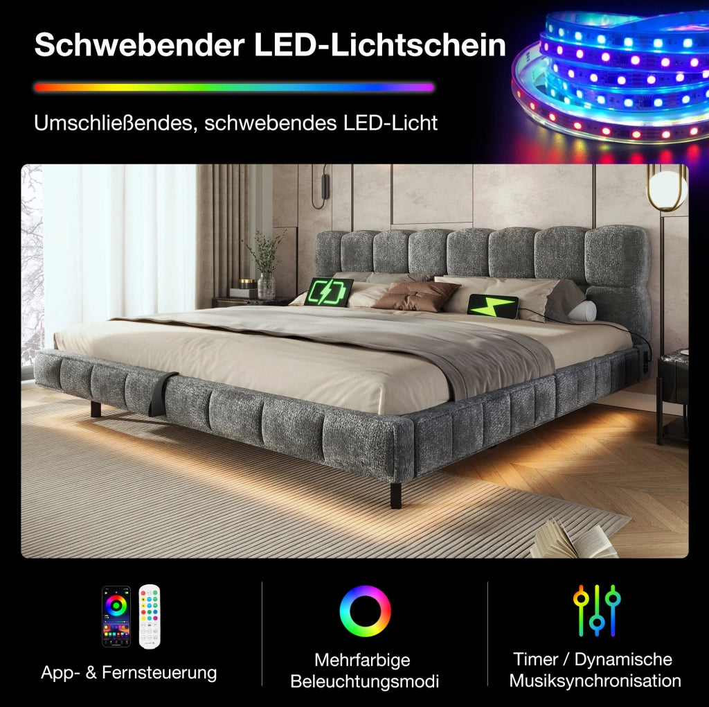 Letto matrimoniale contenitore 180x200 cm in ciniglia grigio con LED e USB