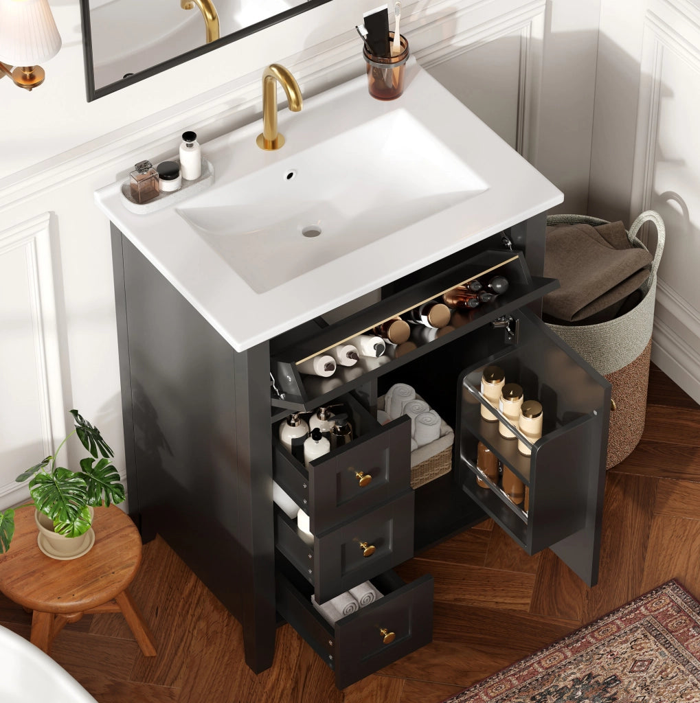 Mobile bagno da terra 61 cm nero lucido con lavabo in ceramica e cassetti