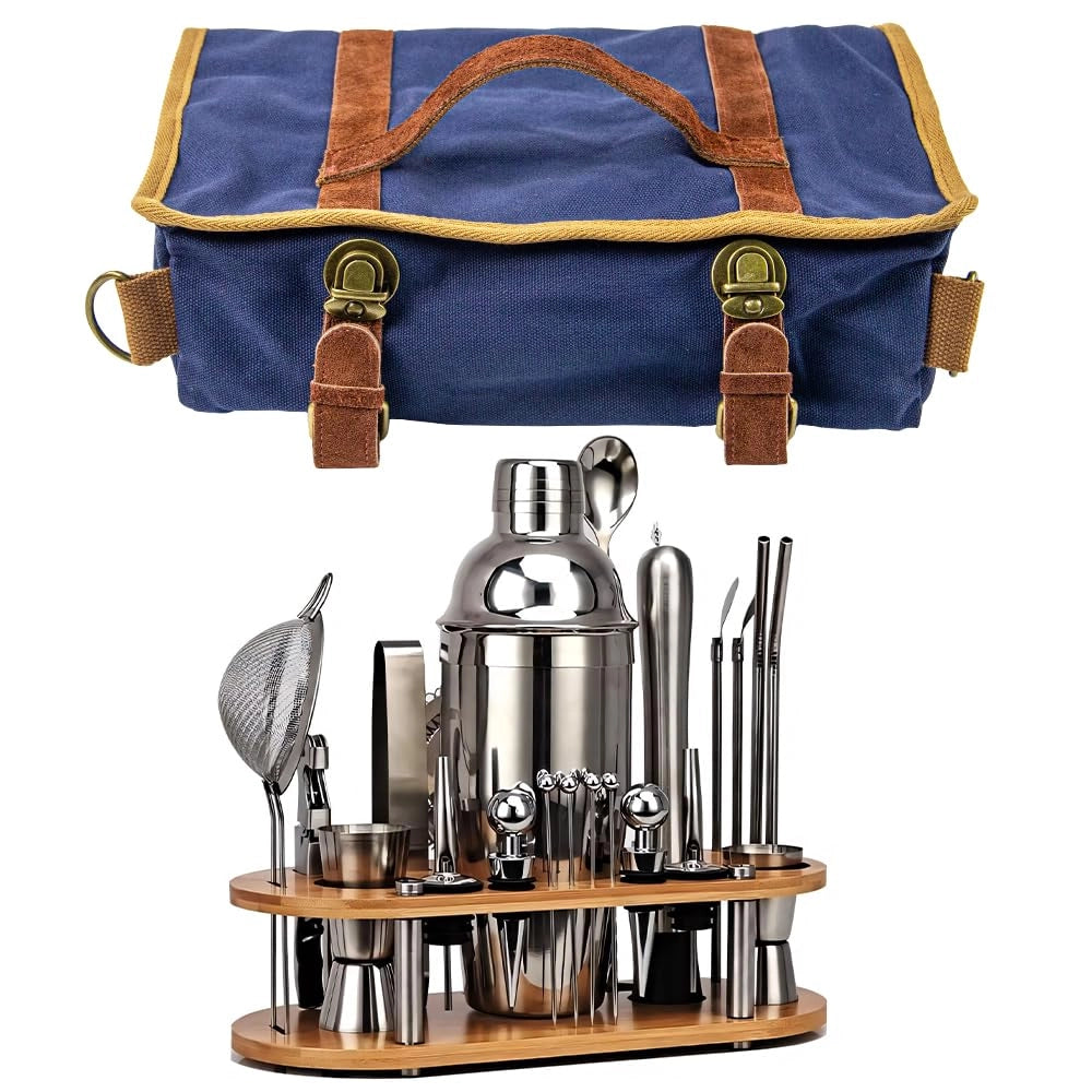 Set da bar completo, 24 pezzi, con borsa e supporto in bambù