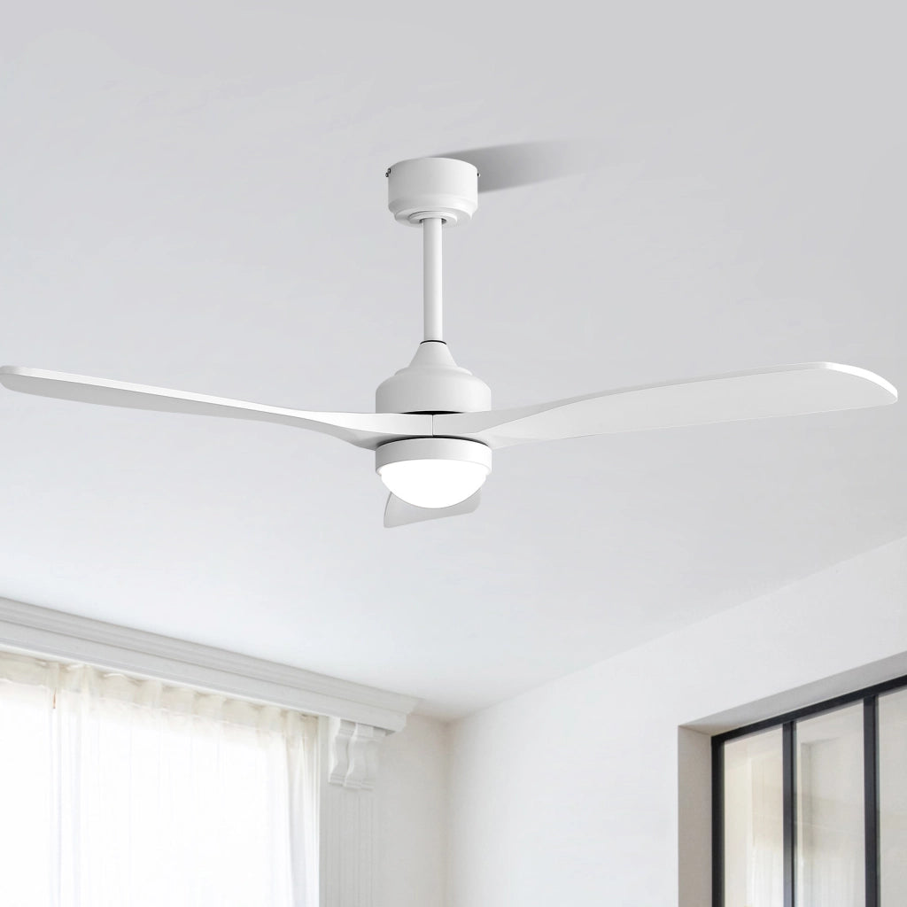 Ventilatore da soffitto bianco con luce LED; motore DC silenzioso e telecomando