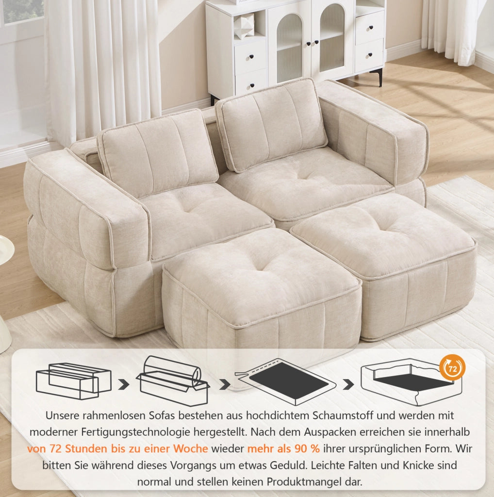 Divano modulare a due posti con pouf, seduta profonda e rivestimento beige