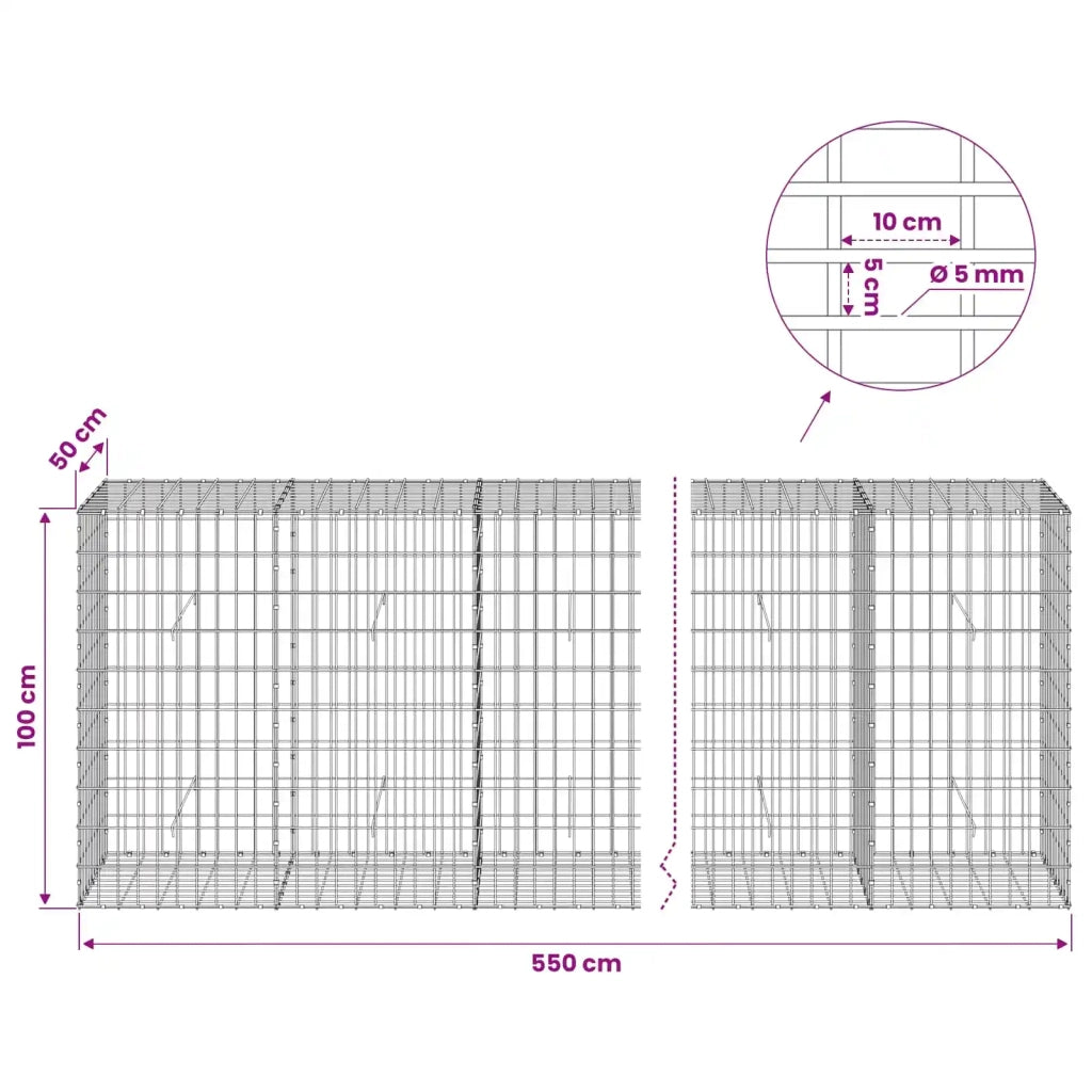 Gabione con Filo da 5 mm e Rete da 5x10 cm 550x50x100 cm 3464741