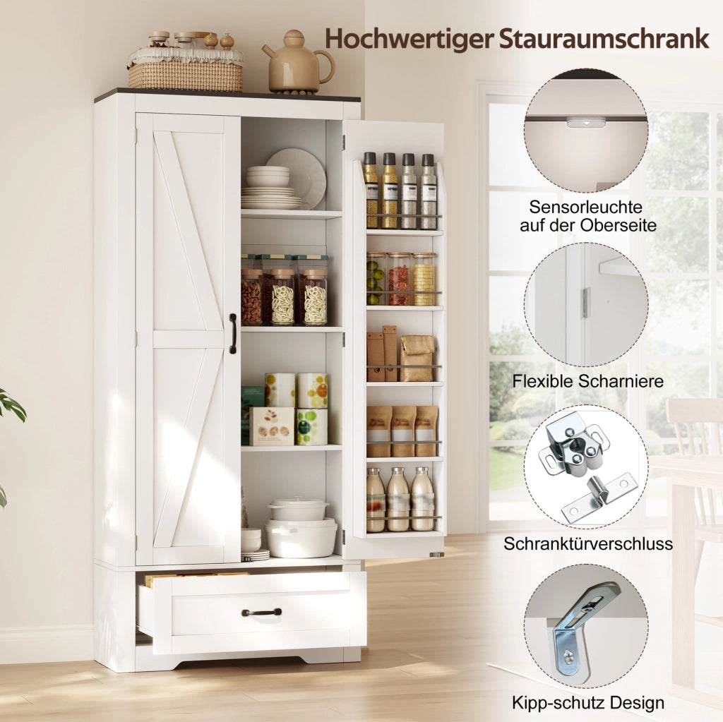 Mobile dispensa alto in MDF bianco con 2 ante e cassetto, 80x35x183 cm