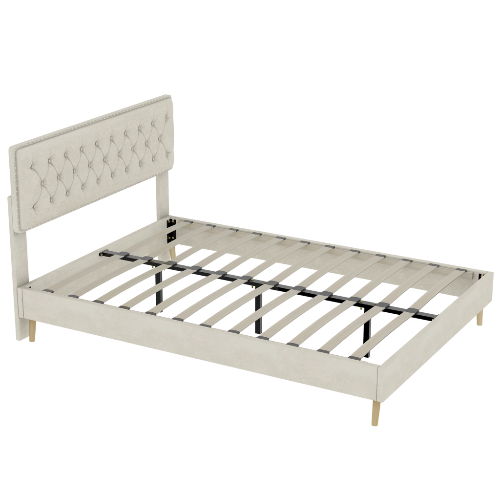 Letto matrimoniale ULEVR 140x200 cm in velluto beige con testiera alta e spazio sottoletto